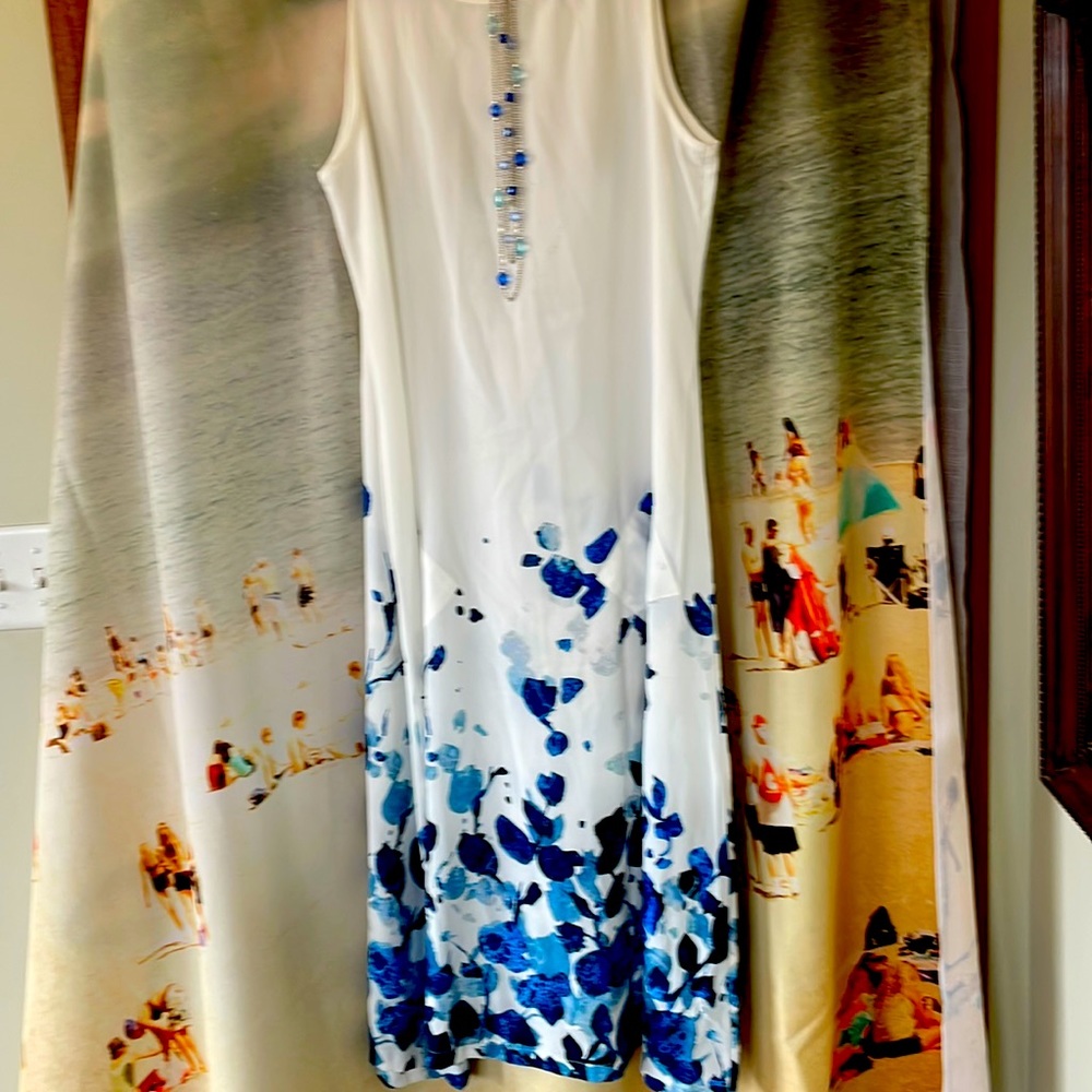 Blue and white tea length dress